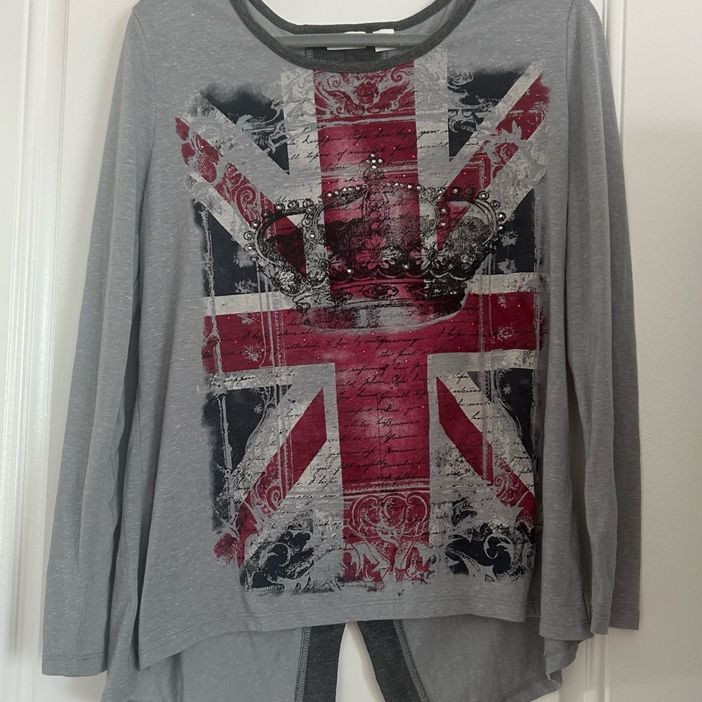 Grey Long Sleeve Top with Union Jack Crown Graphic